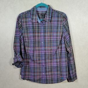 01199 Talbots gray, purple & blue plaid long or tabbed sleeve button up shirt 14